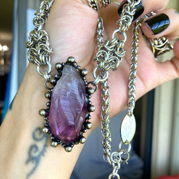 Handmade Genuine raw amethyst crystal maille stainless steel boho goth necklace - Picture 9 of 12